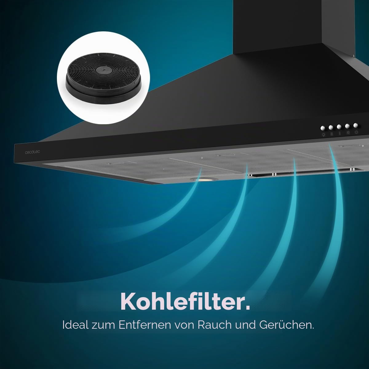 Cecotec Bolero Flux PM 906500 Black A Dunstabzugshaube, 90 cm, Motor 165 W, schwarzes Finish, Saugleistung 650 m³/h, mechanische Steuerung, 3 Leistungsstufen, Licht und Kohlefilter