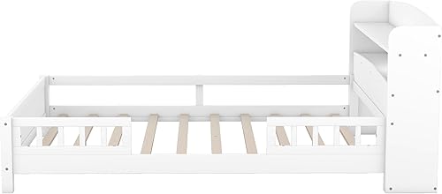 Miniatura 14 de Cama de plataforma de madera tamaño individual con luz LED integrada, cabecera de almacenamiento y barandilla de seguridad para niños, adolescentes,