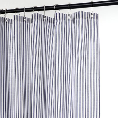 Mindsoft Stripe Cotton Toile Shower Curtain Ticking Stripe Woven Print Curtain with 12 Metal Hook Bathroom Decor for Traditional and Contemporary Home Bath Kitchen (Navy Blue and White,72 x 72 Inches)