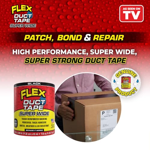 Image of Flex Duct Tape, Super Wide, 4.6 Inches x 20 Feet, Black, Heavy Duty Strong, Multi-Surface, Water, Weather and UV Resistant, Tearable, Perfect for Boxes, No Residue