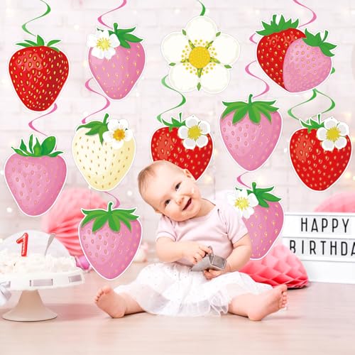 Image of 40Pcs Strawberry Hanging Swirls Decorations, Sweet Strawberry Party Ceiling Hanging Swirls Streamers for Berry First Birthday Baby Shower Party Decor Supplies