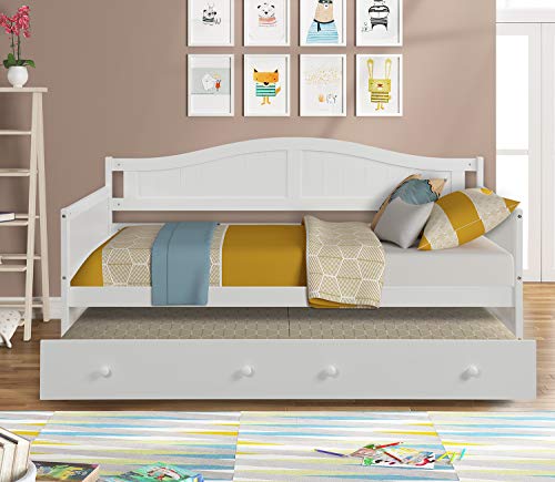 Windaze Twin Daybed with Trundle, Solid Wood Platform Bed Frame for Kids Teens and Adults with Slats Support No Box Spring Needed, White
