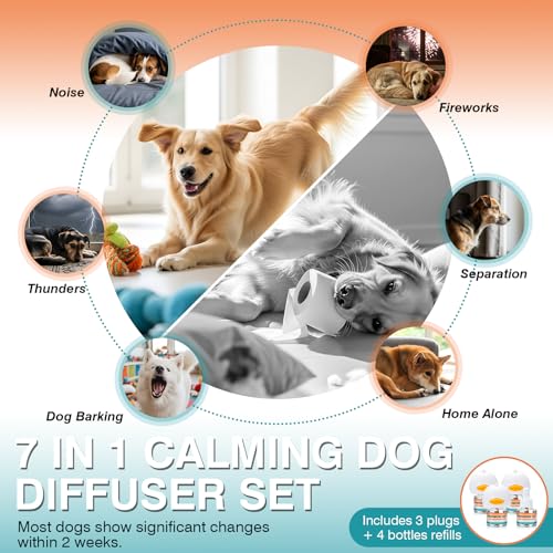 Image of Dog Calming Pheromones Diffuser to Calm Pet 7 In 1 Advanced Kit Appeasing Pheromone Diffuser for Anxiety Relief (3 Plug in+4 Pack 48ml Refill) Reduce Aggression Fighting Barking Stress (Tasteless)