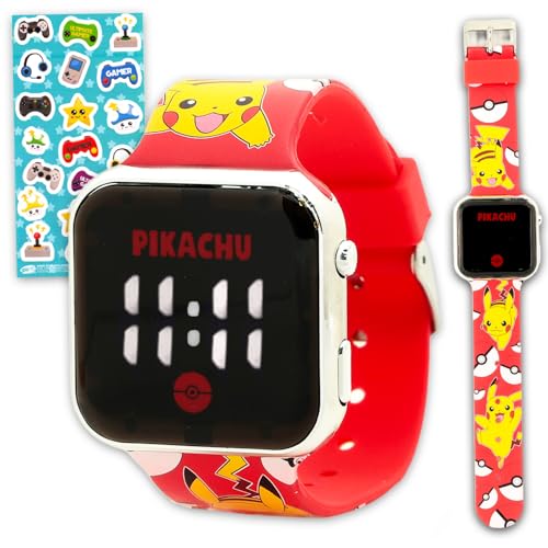 Pikachu Watch for Kids - Bundle with Pokemon LCD Digital Watch for Kids with Straps Featuring Pikachu and Pokeballs Plus Stickers | Easy to Read Pokemon Wristwatch for Boys