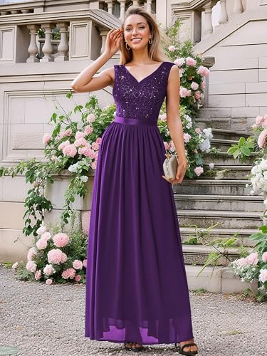 Image of Miusol Women's Sexy Deep V-Neck Sequin Lace Double Sleeveless Evening Party Maxi Dress