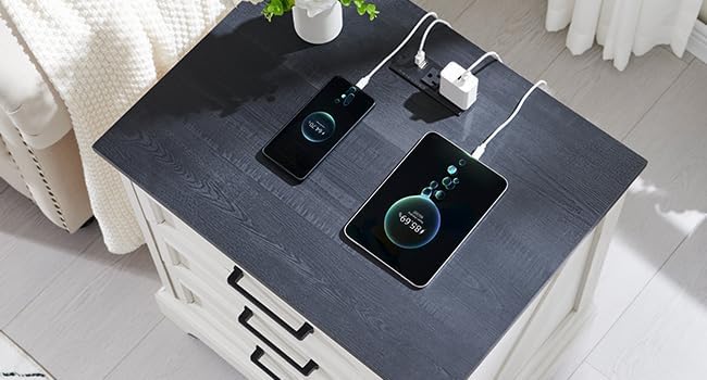 Miniatura 3 de JXQTLINGMU Mesa auxiliar de granja, mesita de noche de 22 pulgadas de ancho con cajones, mesa auxiliar moderna con estación de carga para sala de