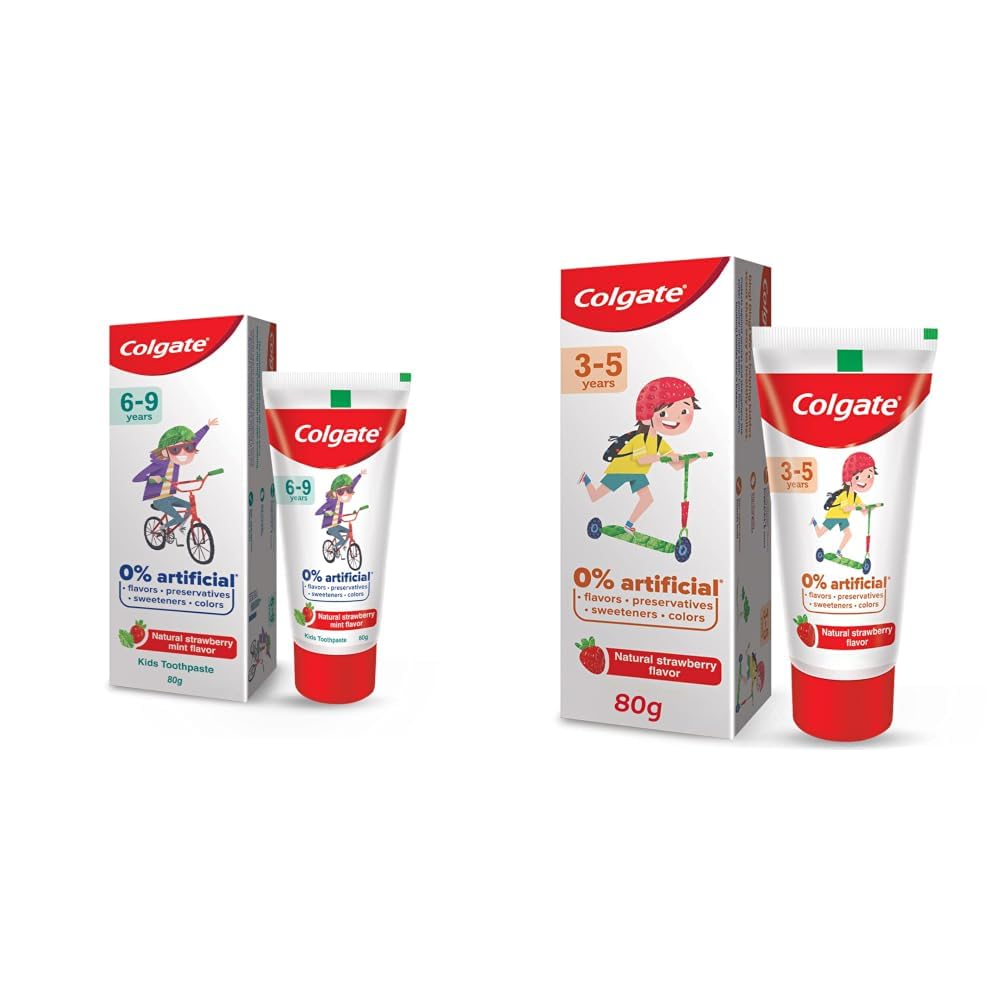 Colgate Kids Toothpaste with 0% Artificial Preservatives, Colours, Sweeteners for Whitening (6-9 Years, Natural Strawberry Mint Flavour - 80g Tube) & Toothpaste For Kids (3-5 Years), Natural-image-12