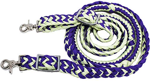 CHALLENGER Horse Knotted Roping Western Barrel Reins Nylon Braided Rein Purple Lime 607124