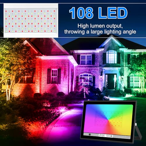 Image of T-SUN RGB Led Flood Light 100W,Outdoor Flood Light 1000W Equivalent 10000Lm Christmas Light Color Changing Led Stage Lights IP66 Waterproof Landscape Lights with Remote Outdoor for Garden Yard