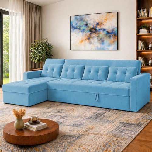 Image of Emilio 6 Seater LHS L - Shape Pull-Out Sofa Cum Bed Sofa for Living Room (Turquise Fabric Color) Premium Fabric Sofa Set for Living Room Sofa Cum Bed