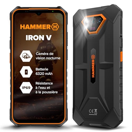 Smartphone Hammer Iron V sans contrat Robuste, étanche, Double SIM, Batterie puissante 6320 mAh, caméra 50 Mpx avec capteur de Vision Nocturne Orange ​