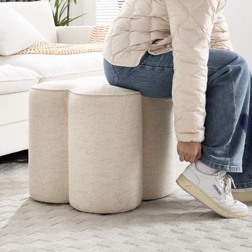 Image of Zesthouse Flower Pouf Ottoman Foot Rest, Linen Fabric Poofy Ottoman Footstool for Couch, Modern Living Room Stool Seat, Cute Square Vanity Stool for Bedroom Dorm, Beige