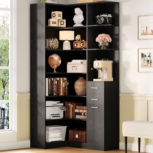 IRONCK Corner Bookshelf, 76' Tall Corner Bookshelves, 6 Tiers L-Shaped Bookcase with 10 Open Shelves and 2 Storage Drawers for Living Room or Home Office