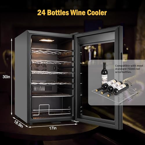Image of FoMup Wine Fridge 24 Bottles, Small Wine Cooler Refrigerator Freestanding with Digital Temperature Control Safety Lock, Frost Free for Red White Wine, Champagne