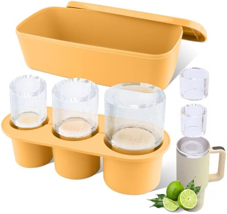 TcampSilicone Ice Cube Tray for Freezer, Large Hollow Cylinder Ice Cube Molds with Lid and Bin for 30-40 oz Tumbler Cups, Ice Maker for Chilling Coffee Cocktails Whiskey Tea Drinks (Yellow)