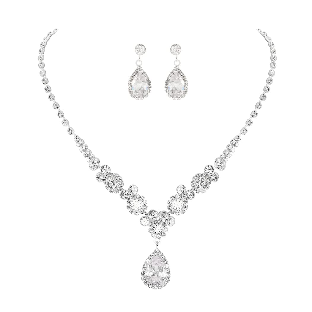 Unicra Bride Silver Bridal Necklace Earrings Set Crystal Bridal Wedding Jewelry Set Rhinestone Choker Necklace for Women and Girls (3 piece set - 2 earrings and 1 necklace)