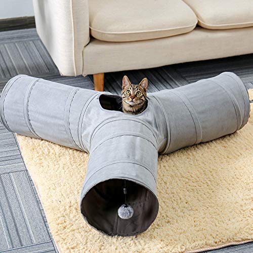 Image of PAWZ Road Collapsible Cat Tunnel, 3 Way Cat Play Tube 10.5 inch in Diameter | Collapsible Cat Play Tunnel with Spacious Play Tubes, Multiple Peek Holes & Interactive Hanging Ball for Indoor Cats