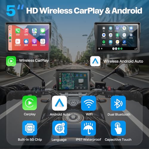 Image of WonVon 5 Inch Motorcycle Carplay GPS Navigation System with Apple Carplay and Android Auto Portable Screen with Dual Bluetooth, Navigation, Siri, Google Assistant