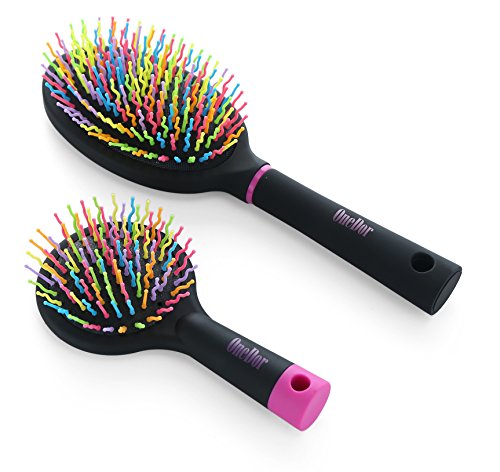 OneDor Rainbow S-Curve Ball tipped Air Volume Paddle Hair Brush with Flexible Cushion Base for Hair | Detangling Comb (2 Set - Black)