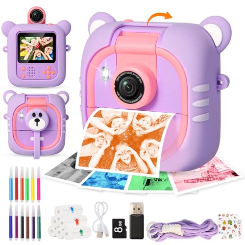ARNSSIEN Kids Camera Instant Print with 7 Rolls BPA-Free Paper 180 Flip Lens Selfie Digital Camera for Kids 12 Color Pens&1200mAh Birthday Toys for 3-12 Year Old Girls Boys M2
