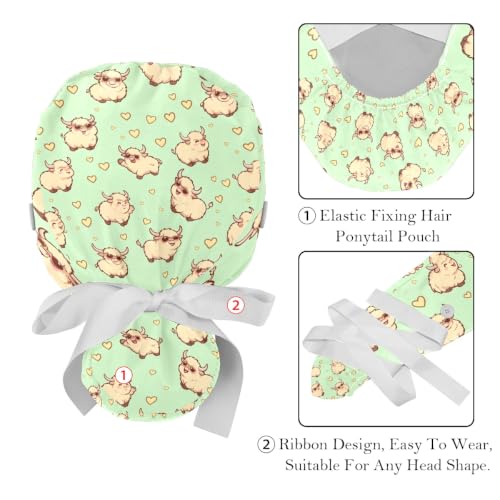 Image of 2 PCS Bouffant Cap with Button Ponytail Pouch Working Cap Sweatband Adjustable Surgical Cap Black and White Cow