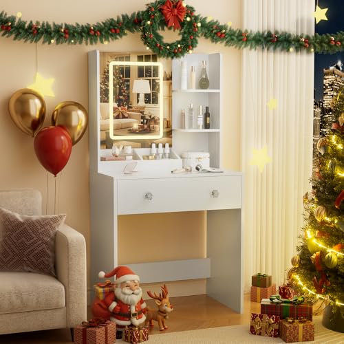 Image of Vanity Desk with Mirror and LED Lights, Small Makeup Vanity Desk with 2 Drawers, 3 Storage Shelves, 24 Inches Make UP Dressing Table with Power Outlet, 3 Adjustable Lights for Girls Bedroom, White