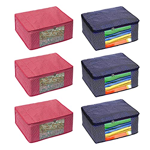 Image of Dress Cover | Cotton Bag | Cotton Saree Cover Closet Orgnizer /Saree Bags for Wardrobe Orgnizer Clothe Covers | Dress Set | Saree Organizer Bag (Pack of 6, Pink + Blue)