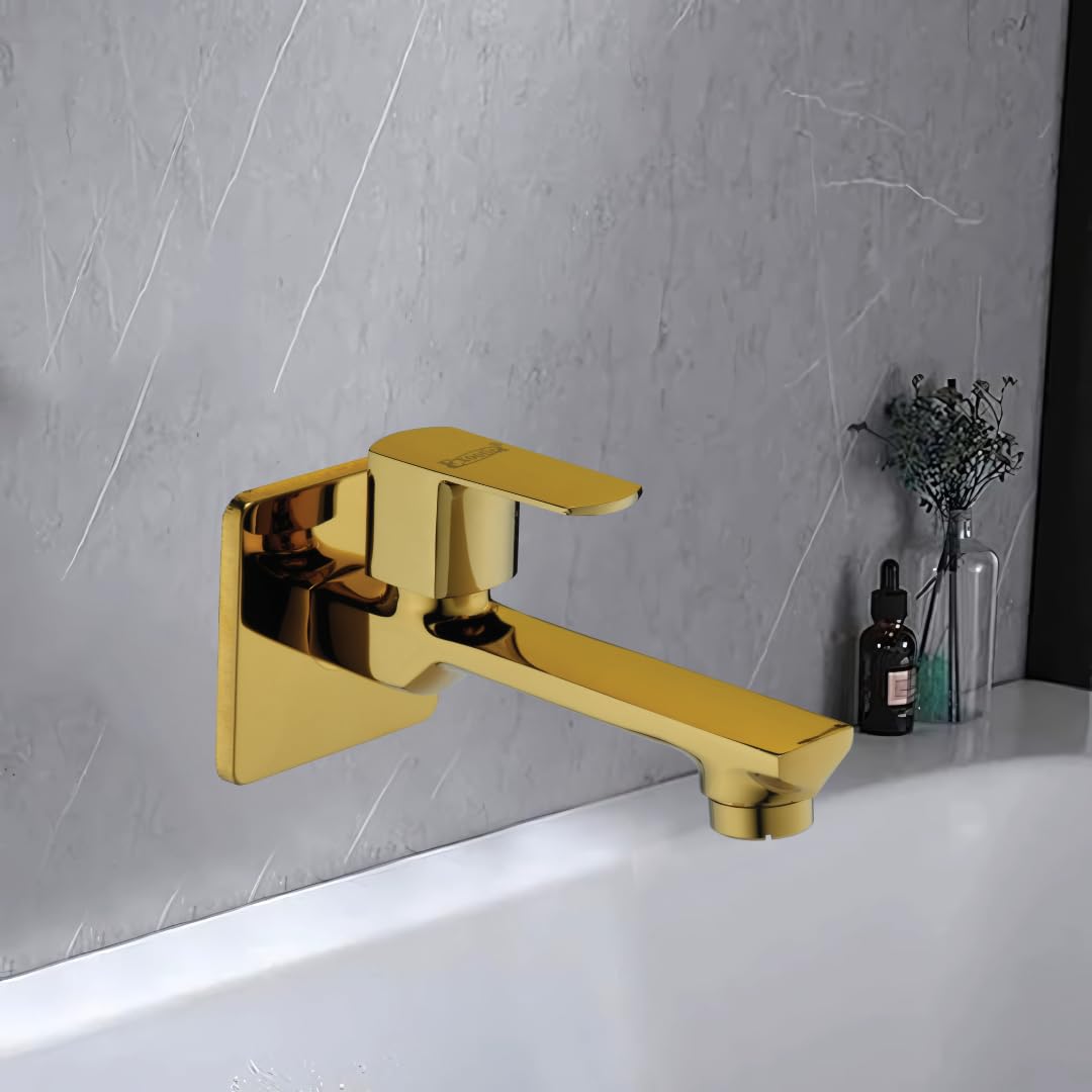 Exootica Gold Brass Long Body Bib Cock Tap with Wall Flange | Premium Wall-Mounted PVD Finish Faucet for Bathroom, Kitchen & Outdoor Use-image-10