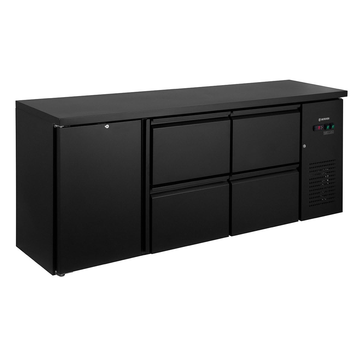 GastroHero Barkühltisch 1 Tür 4 Schubladen 2005 mm Getränkekühler Umluftkühlung +2 bis +8 °C LED 509 Liter Gastro Kühltisch Bar