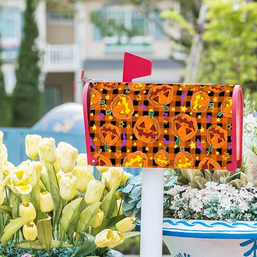 Image of Halloween Mailbox Cover Magnetic Standard Size 25.5x21 Inch Spooky Pumpkins Bats Mailbox Wrap Letter Post Cover with Black Orange Buffalo Plaids for Yard Garden Home Outdoor Decor