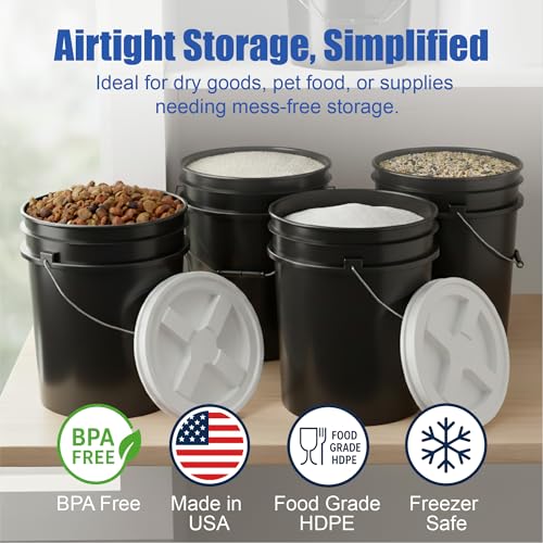 Image of ePackageSupply 5 Gallon Bucket - Food Grade w /Lid BPA-Free, Black /White, 3 | Airtight Gamma Seal Screw-On Lid, Heavy-Duty 90 Mil HDPE Plastic, Food Safe and Durable Container, Bulk Storage, Made in USA