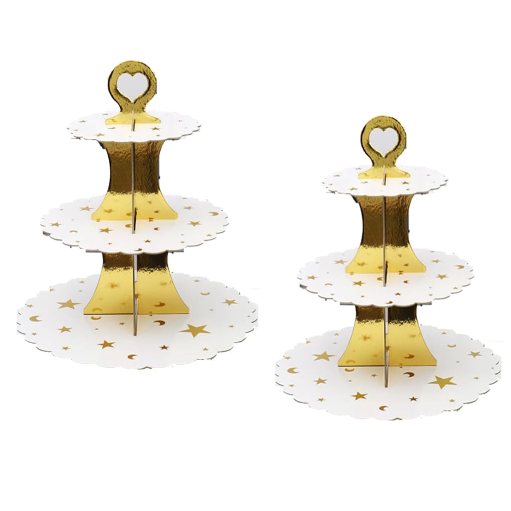 PYGHAP 2 Pack Cake Stand, Cardboard Cupcake Stand 3 Tier Dessert Holder Cardboard Round Tower Cardboard Cake Stands for Christmas Birthday Party Supplies (Star&Moon)
