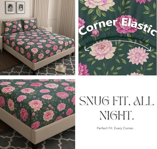 Image of HOMEKART 120 TC Cotton Rich Elastic Corner Fitted Bedsheet with 2 Pillow Covers | Double Bed 72x68+6 Inches | Wrinkle-Free, Super Soft & Breathable Floral Design | Dark Green & Pink