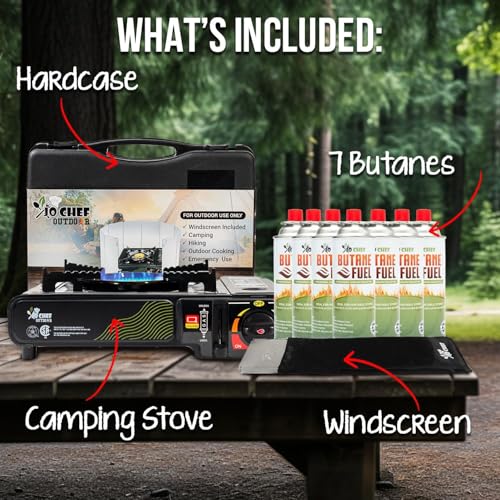 Image of Jo Chef Butane Camping Stove with 7 Butane Cans Included - Portable Gas Stove for Camping /Road Trips with Windshield, CSA Certified, Brass Burner, Fast Heat Up Time