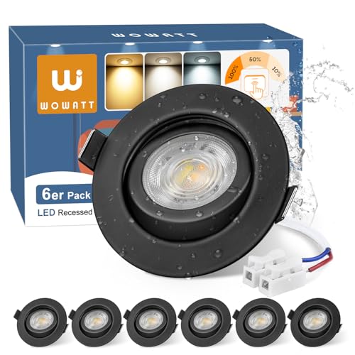 wowatt Lot de 6 Spot LED Encastrable Noir Dimmable, 6W 640LM Spot LED Orientable 68mm-75mm Découpe, Blanc Chaud 3000K Blanc Neutre 4000K Blanc Froid 6000K...