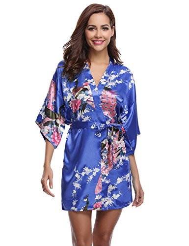 Aibrou Women's Kimono Robe Satin Peacock Bathrobe Short Silk Bridal Robe Diamond Blue