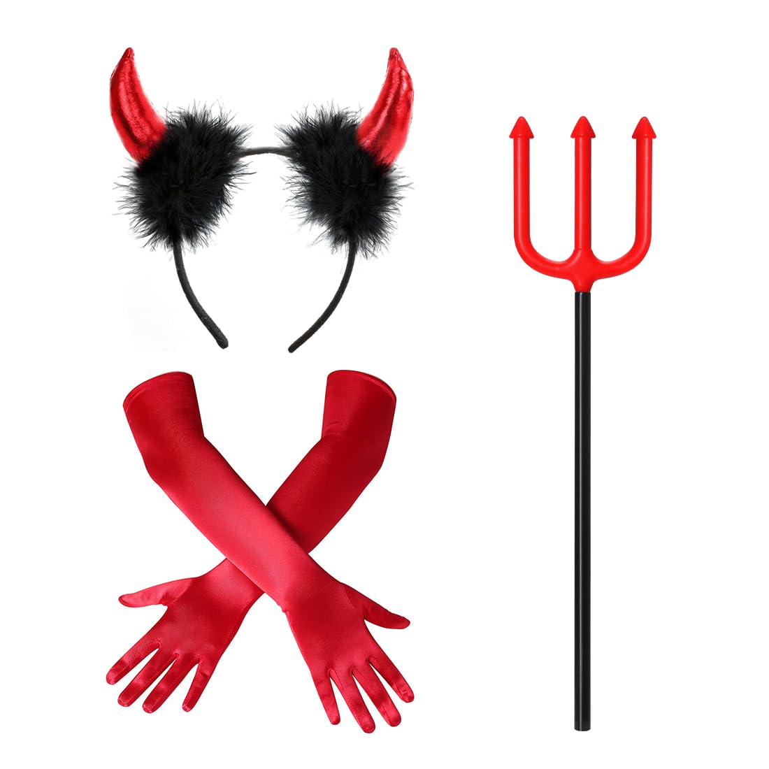 Sprinlot Rote Handschuhe Damen,Teufel Handschuhe Haarreif Dreizack Set, 1920er Jahre Kostüm Zubehör Damen, Accessoire Handschuhes für Karneval 