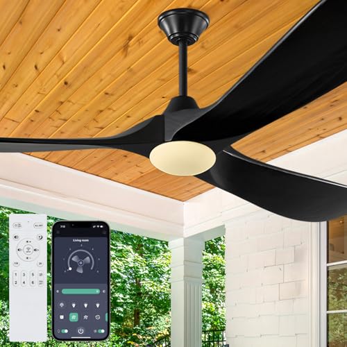 Image of Outdoor Ceiling Fans with Lights-Glass Lamp, 52 inch Damp Rated Wood Propeller Blades for Patios & Porch, Smart APP and Remote Control, 3 Blades Dimmable LED Ceiling Fans, High CFM 6 Speed-Black