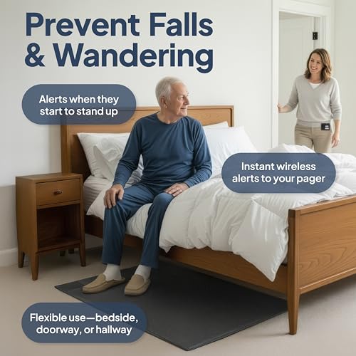 Image of Smart Caregiver Floor Mat Alarm and Pager System - Includes Wireless Pager that Alerts When Someone Steps on the Durable 24in x 48in Floor Mat Sensor