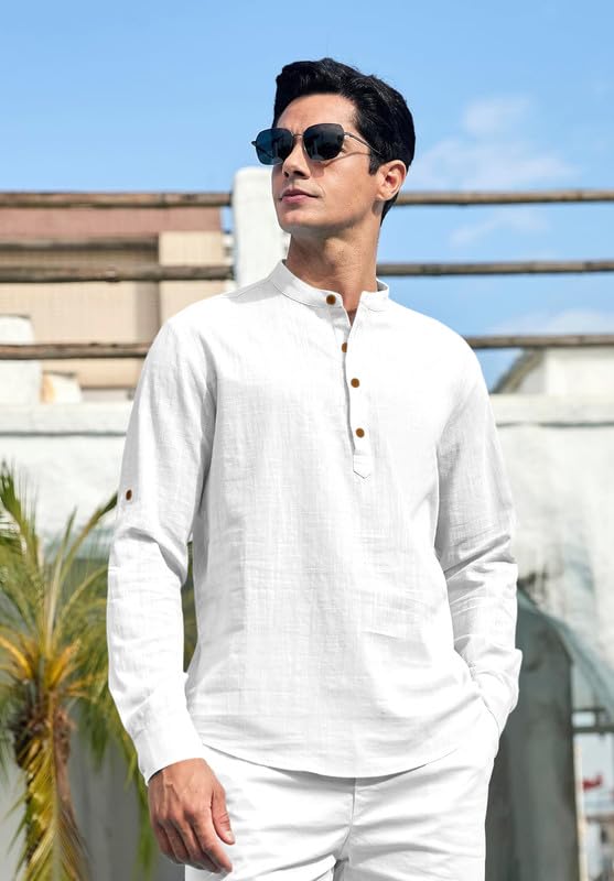 Image of FINIVO FASHION Men's Cotton Polyester Blend Solid Regular Fit Full Sleeve Short Kurta