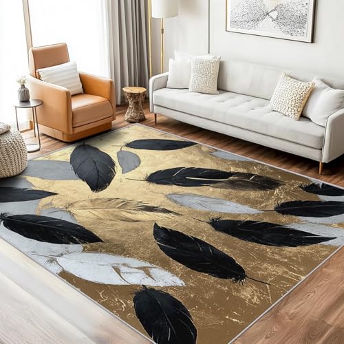 Tapete rectangular de plumas 6x8 pies negro y dorado