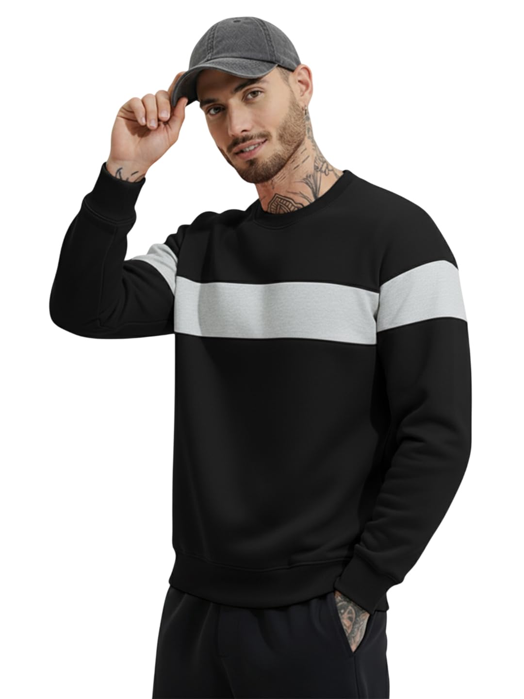 Men's Loop Knit Round Neck Regular Fit Sweatshirt (W11_BLK-RED_P_Black_S)-image-40