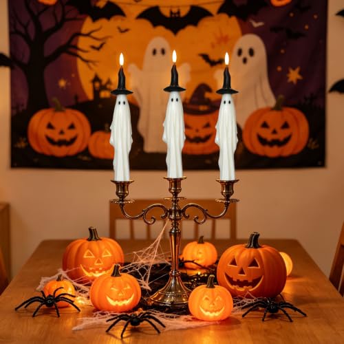Image of Halloween Witch Flameless Taper Candles Battery Operated with 6H Timer, Set of 2 Real Wax 3D Wick Fickering Ghost LED Candlesticks Spooky Halloween Indoor Decor(0.79 inchD x 11.4 inchH)