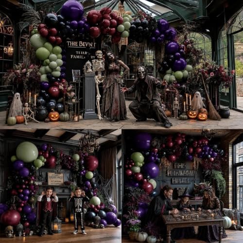 Image of Halloween Balloon Arch Double Stuffed Green Purple Burgundy Black Balloons