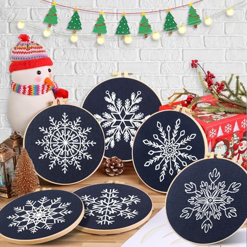 Image of 6 Sets Christmas Embroidery kit for Beginners Adults, Blue Christmas Ornament Kit Snowflakes Needlepoint Cross Stitch Kits, Stitch Learning Kit with Needles Ropes Ribbon for Xmas Hanukkah Decorations