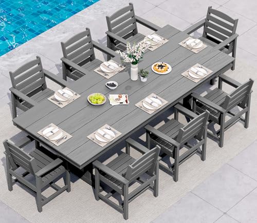 Image of SERWALL 9 Piece 84 inch HDPE Outdoor Dining Set for 8 with Armchairs and Umbrella Hole, Gray