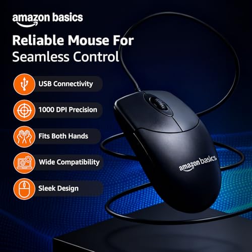 Image of amazon basics Wired Mouse | 1000 DPI Optical Sensor | Plug and Play | Compatible with PC, Laptop (Black)