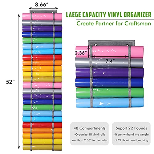 Arouy Vinyl Storage Organizer - Vinyl Roll Holder Wall Mount/Over The Door, Craft Vinyl Storage Rack, Hanging Organizer Storage With 48 Roll Compartments (48 - Gray) #TOP4