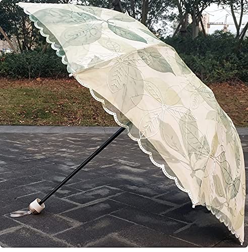 Uraweso Sun Parasol Uv Protection Embroidery Lace Leaf Printed Folding Umbrella For Walking Travel Wedding Party Decor Photoshoot Green #TOP3