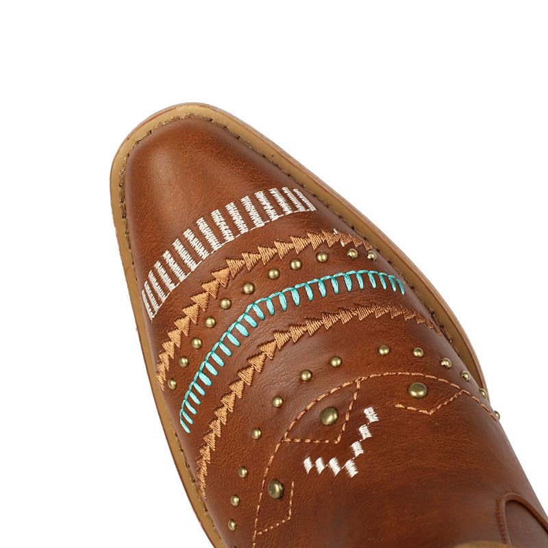 Stivali da cowboy da donna con ricamo, frange e borchie a blocco, stile vintage